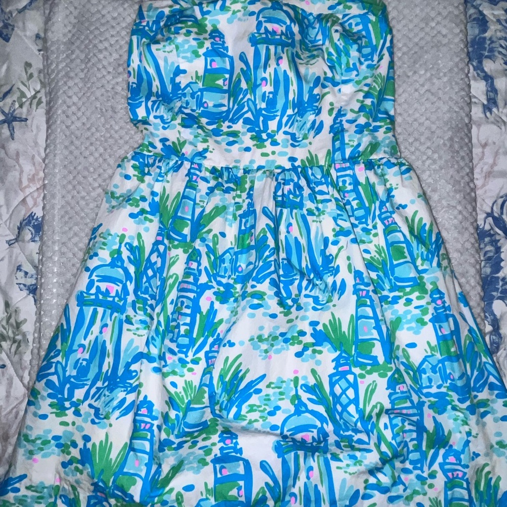 Lilly Pulitzer Blue and Green Strapless Dress